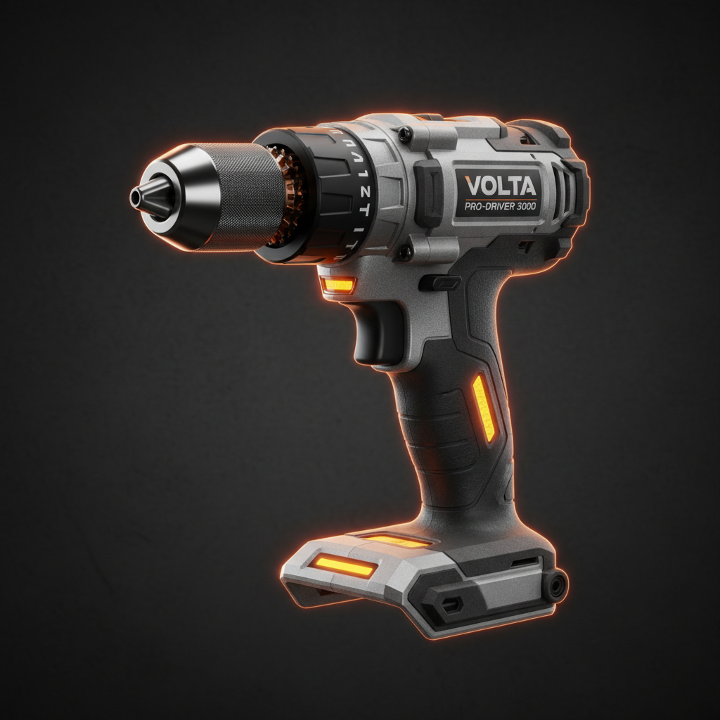 Premium featured power drill product close-up with dramatic orange rim lighting
