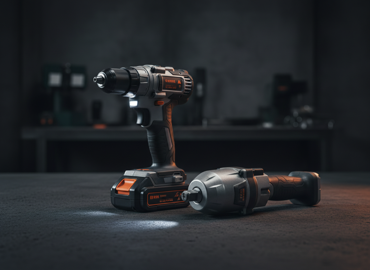 Professional cordless power tools collection on dark charcoal background