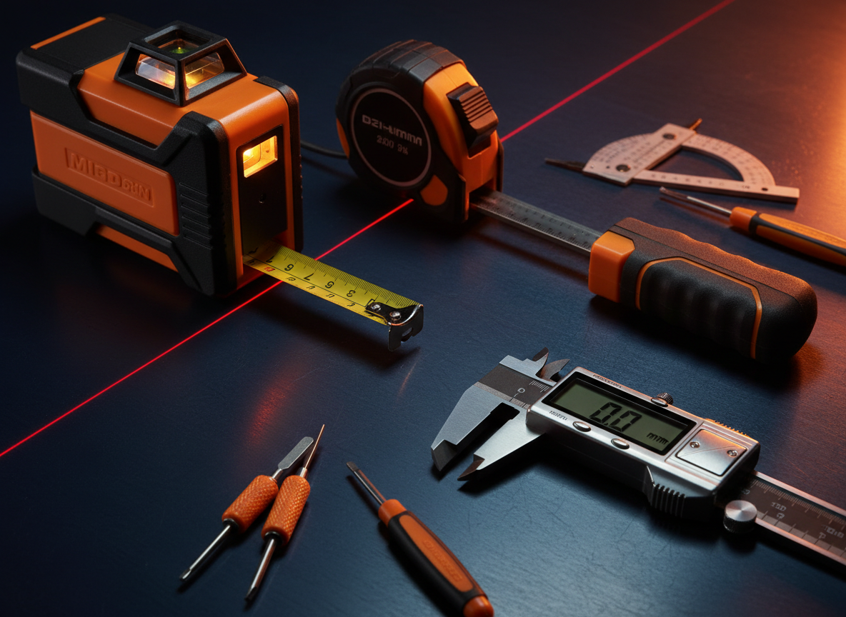 Professional measuring and precision tools laser level tape measure and caliper