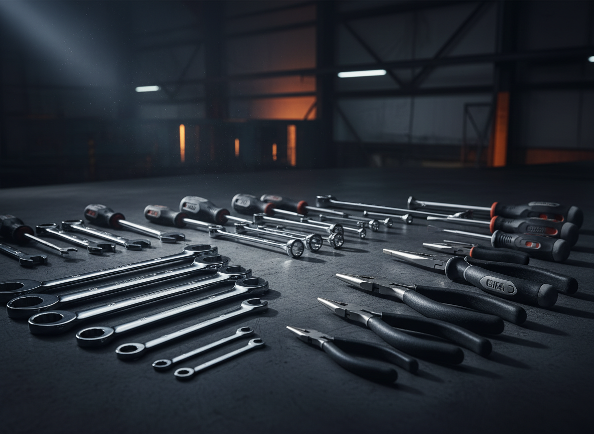 Premium hand tools set including wrenches screwdrivers and pliers