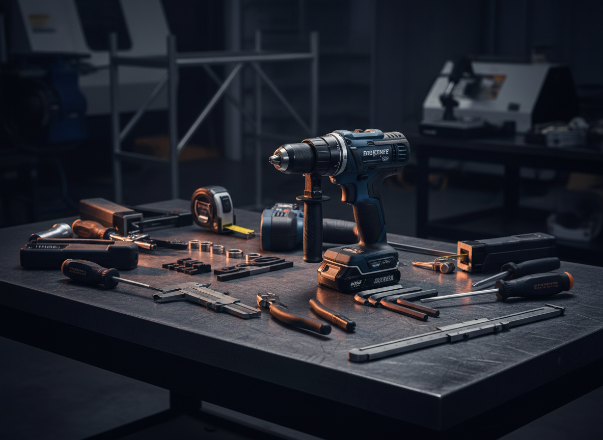Dramatic premium industrial hero image of professional power tools and hand tools arranged on a dark anthracite metal workbench